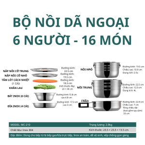 Bộ nồi inox 16 món dành cho 6 người Campingmoon MC-210, Có đáy bắt từ - Sử dụng đa dạng các loại bếp.